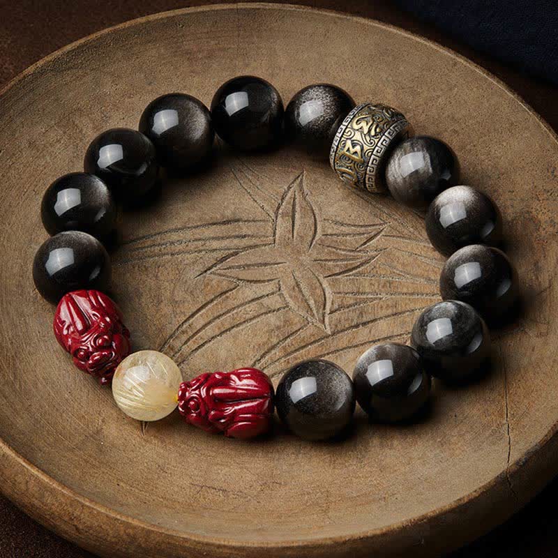 KarmaRipple's Gold Sheen Obsidian PiXiu Cinnabar Om Mani Padme Hum Protection Bracelet p22