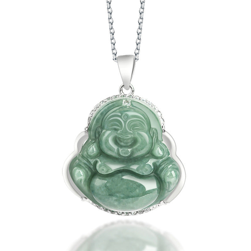 KarmaRipple's 925 Sterling Silver Laughing Buddha Jade Abundance Pendant Chain Necklace p1