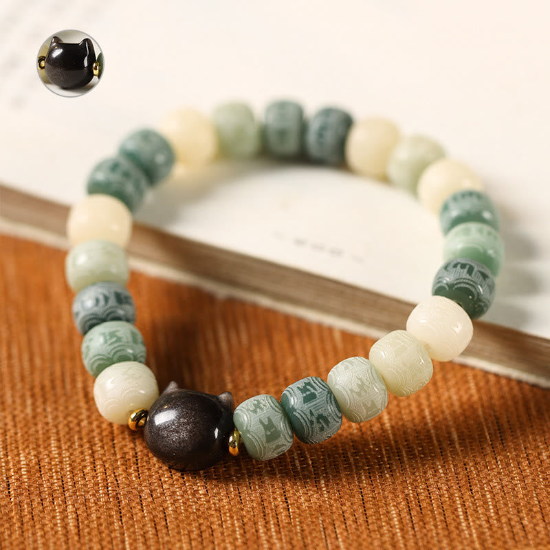 KarmaRipple's Bodhi Seed Silver Sheen Obsidian Cat Head Om Mani Padme Hum Engraved Balance Bracelet p9