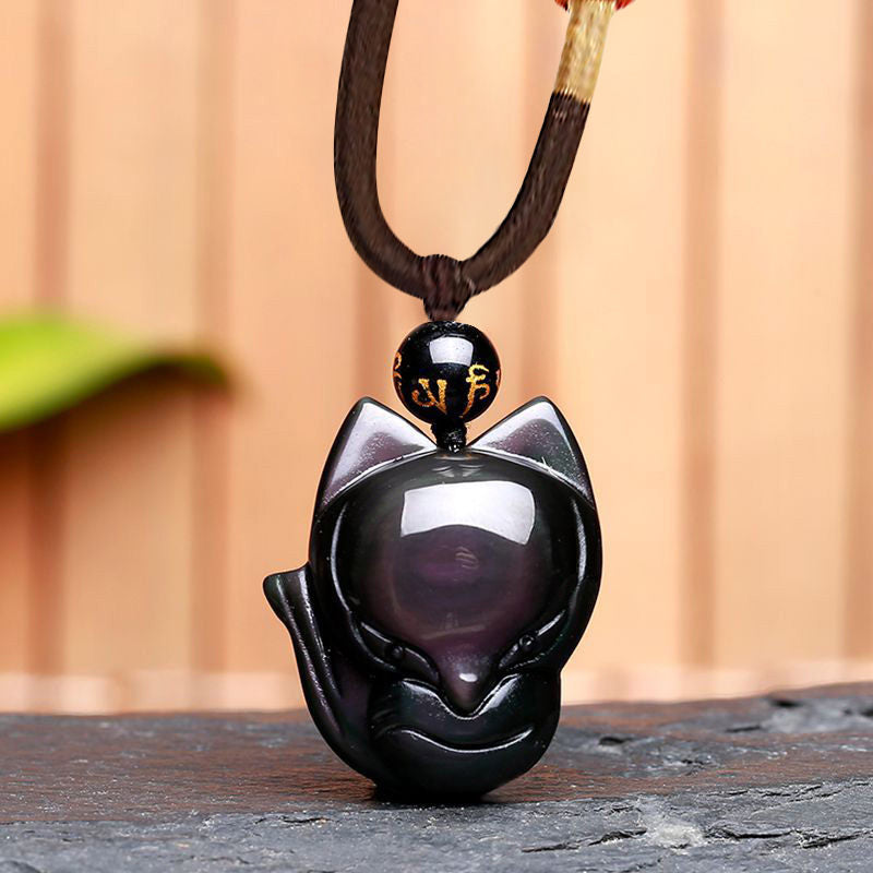 KarmaRipple's Authentic Rainbow Obsidian Gold Sheen Obsidian Nine Tailed Fox Positive Pendant Necklace p4