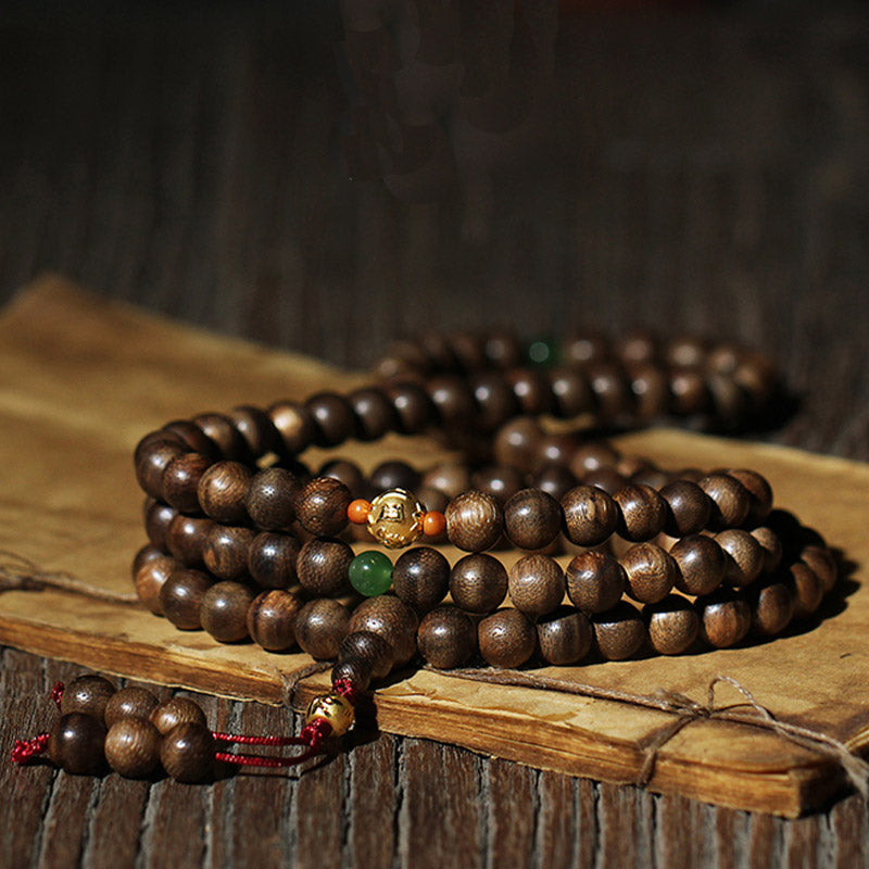 KarmaRipple's 999 Gold 108 Mala Beadwork Kalimantan Agarwood Cyan Jade Six True Words Strength Bracelet p3