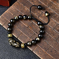 KarmaRipples authentisches, goldglänzendes Obsidian-PiXiu-Om-Mani-Padme-Hum-Reichtumsarmband