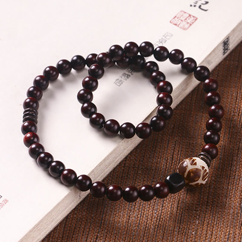 KarmaRipple's Small Leaf Red Sandalwood Lotus Bodhi Seed Carved Protection Double Wrap Bracelet p4