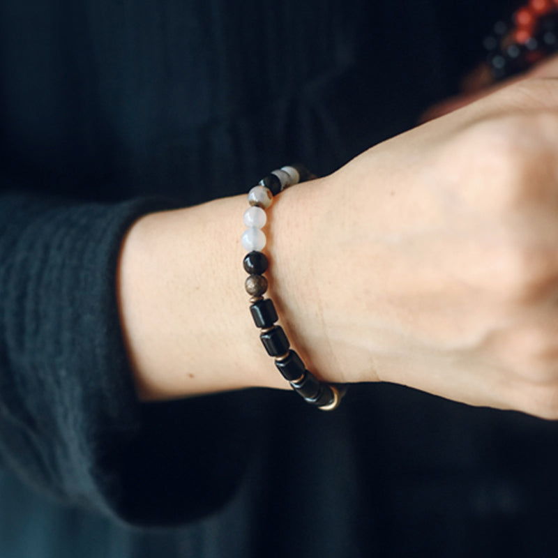 KarmaRipple's Ebony Wood Red Jasper Moss Agate Gemstone Bronze Peace Pair Bracelet p14