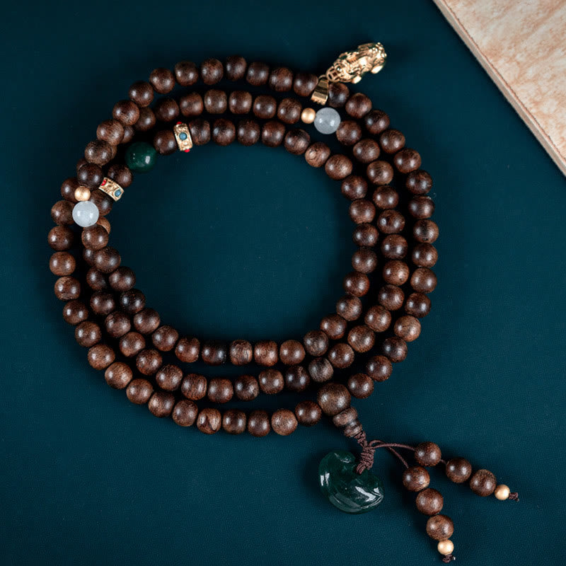 KarmaRipple's 108 Mala Beadwork Kalimantan Agarwood Laughing Buddha Peace Buckle Red Agate Jade Strength Bracelet p2
