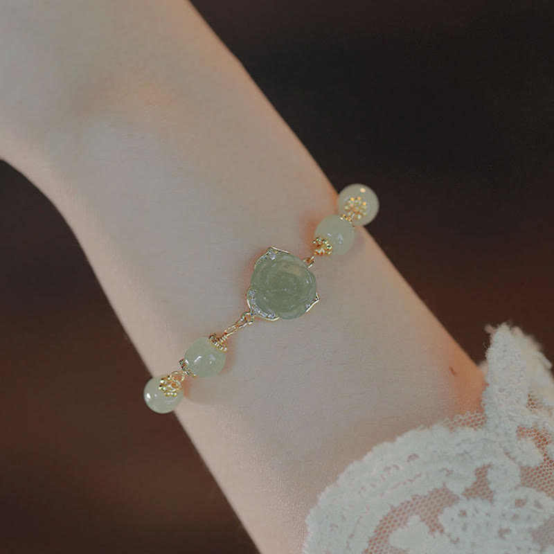 KarmaRipple's 14K Gold Plated Hetian Jade Rose Flower Fortune Chain Bracelet p17