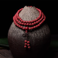 KarmaRipples 108 Mala-Perlenarmband mit Zinnober-Om-Mani-Padme-Hum-Muster und eingraviertem Segensarmband