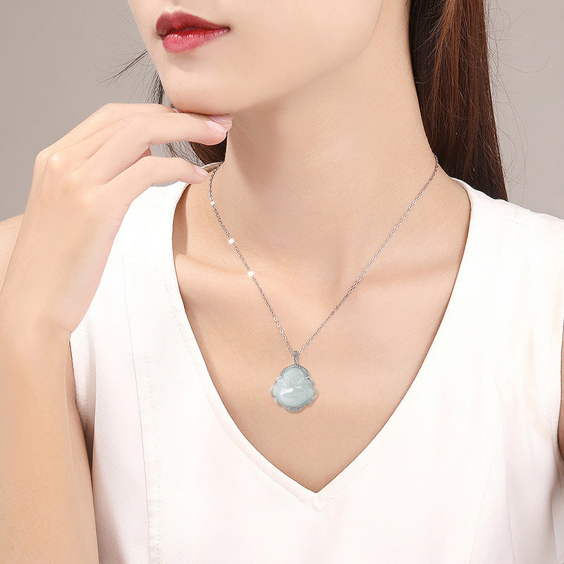 KarmaRipple's 925 Sterling Silver Laughing Buddha Authentic Jade Abundance Pendant Necklace p3