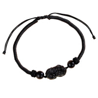 KarmaRipples handgefertigtes, authentisches, silberglänzendes Obsidian-Erdbeerquarz-PiXiu-Schutz-Gewebtes Armband