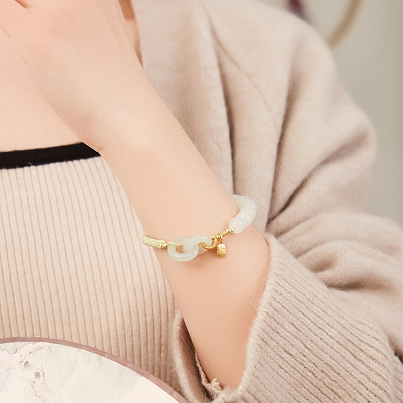 KarmaRipple's Authentic Hetian Jade Bead Double Peace Buckle Fu Character Abundance Woven Bracelet p22