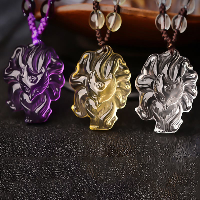 KarmaRipple's Authentic Amethyst Ivory Gemstone Citrine Nine Tailed Fox Fortune Pendant Necklace p7