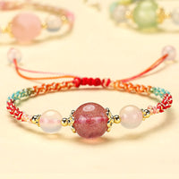 KarmaRipples Armband mit Erdbeerquarz, rosa Edelstein, Prehnit, Elfenbein-Achat und balancierenden Seilperlen