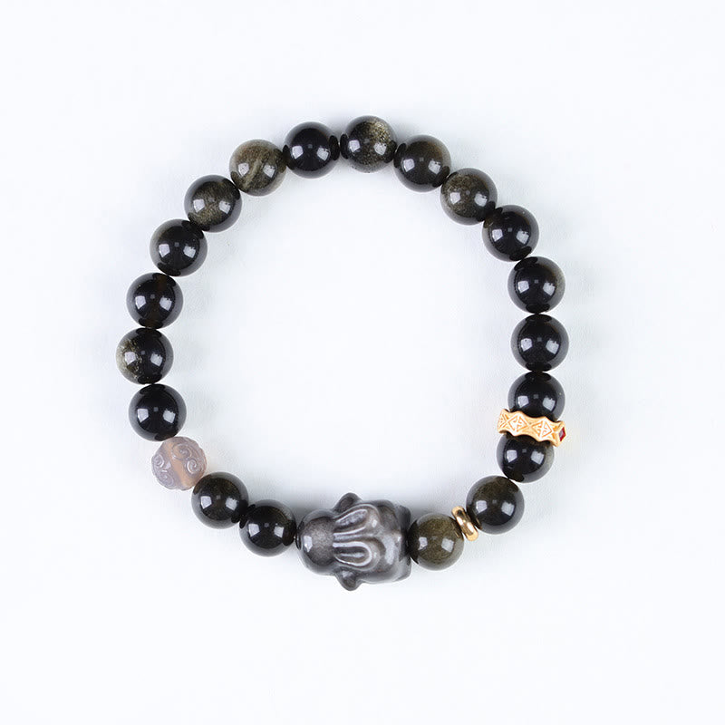 KarmaRipple's Gold Sheen Obsidian Black Obsidian Silver Sheen Obsidian Cute Rabbit Protection Bracelet p4