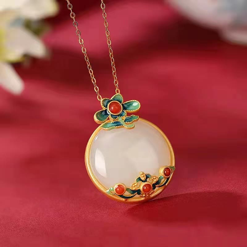 KarmaRipple's Ivory Jade Red Agate Flower Blessing Fortune Pendant Necklace p3