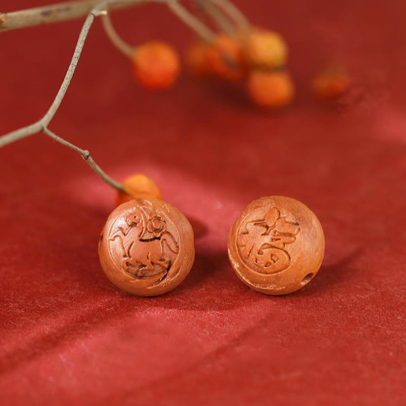 KarmaRipple's Authentic Peach Wood Chinese Zodiac Fu Character Carved Cinnabar Wealth Bracelet p23