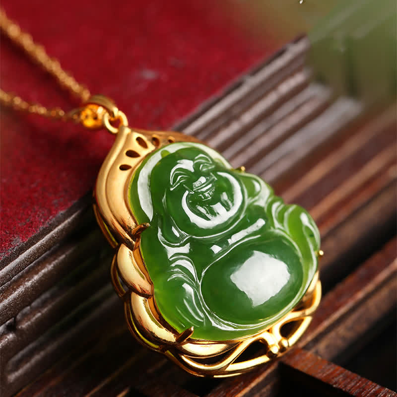 KarmaRipple's 925 Sterling Silver Authentic Hetian Cyan Jade Laughing Buddha 18K Gold Balancing Pendant Chain Necklace p2