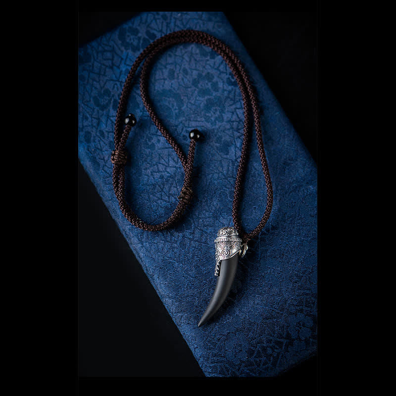 KarmaRipple's 925 Sterling Silver Black Obsidian Wolf Tooth Pattern Strength Pendant Necklace p11