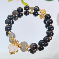 KarmaRipples authentisches, silberglänzendes Obsidian-Schutzarmband mit Herz, Stern und Blume