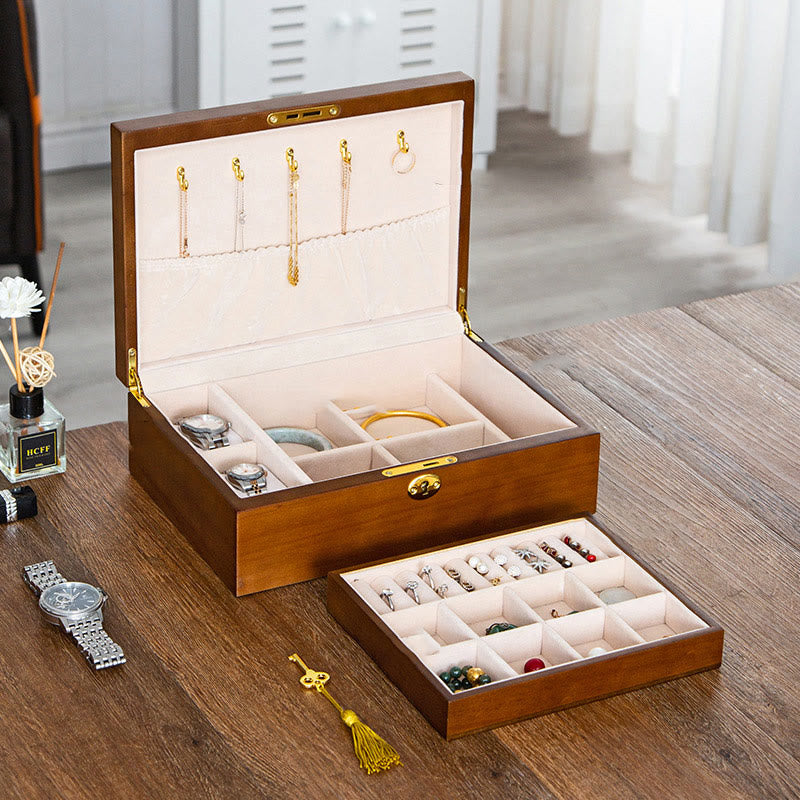 KarmaRipple's Vintage Wooden Jewelry Box Two-Layer Solid Wood Jewelry Storage Box p8