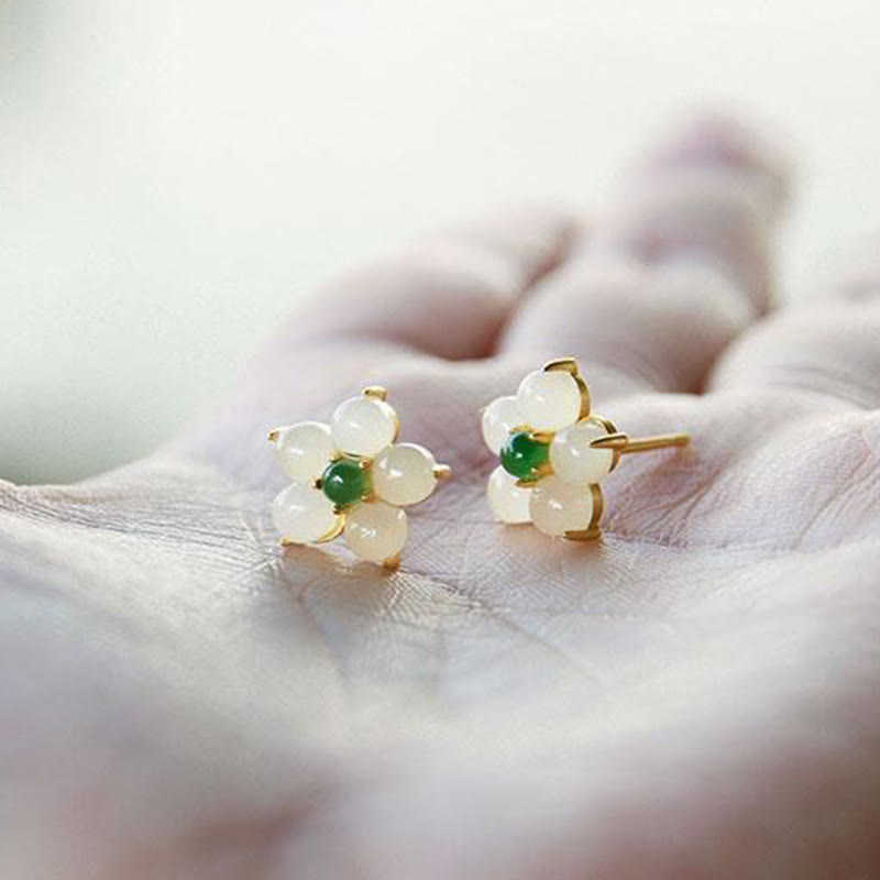 KarmaRipple's Ivory Jade Flower Fortune Blessing Stud Earrings p6