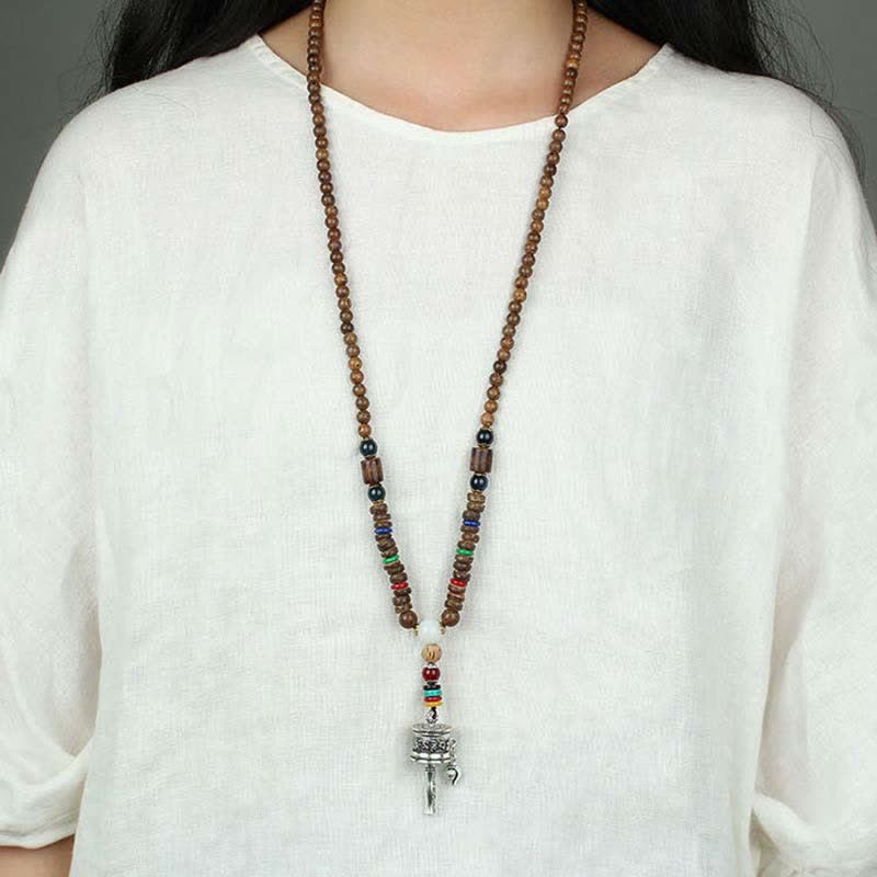 KarmaRipple's Tibetan Om Mani Padme Hum Prayer Wheel Rotation Vajra Wood Pendant Necklace p19