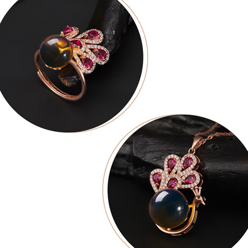 KarmaRipple's Peacock Amber Fortune Love Pendant Necklace Ring p6