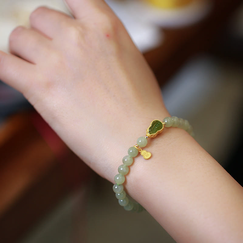 KarmaRipple's 925 Sterling Silver Plated Gold Authentic Hetian Jade Bead Gourd Lotus Bamboo Fu Character Fortune Bracelet p19
