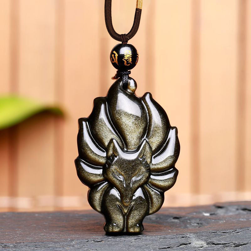 KarmaRipple's Authentic Rainbow Obsidian Gold Sheen Obsidian Nine Tailed Fox Positive Pendant Necklace p24
