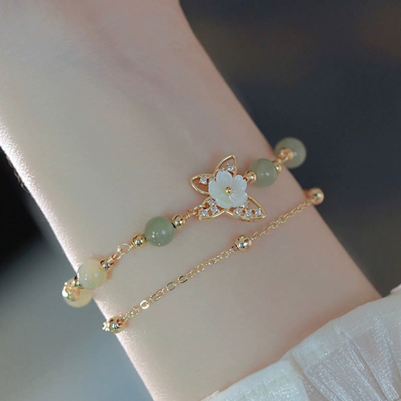 KarmaRipple's 14K Gold Plated Jade Butterfly Tridacna Stone Flower Double Layer Fortune Bracelet p4