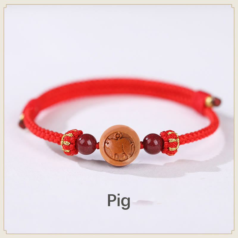 KarmaRipple's Authentic Peach Wood Chinese Zodiac Fu Character Carved Cinnabar Wealth Bracelet p42