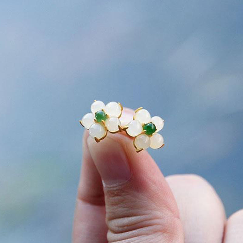KarmaRipple's Ivory Jade Flower Fortune Blessing Stud Earrings p5