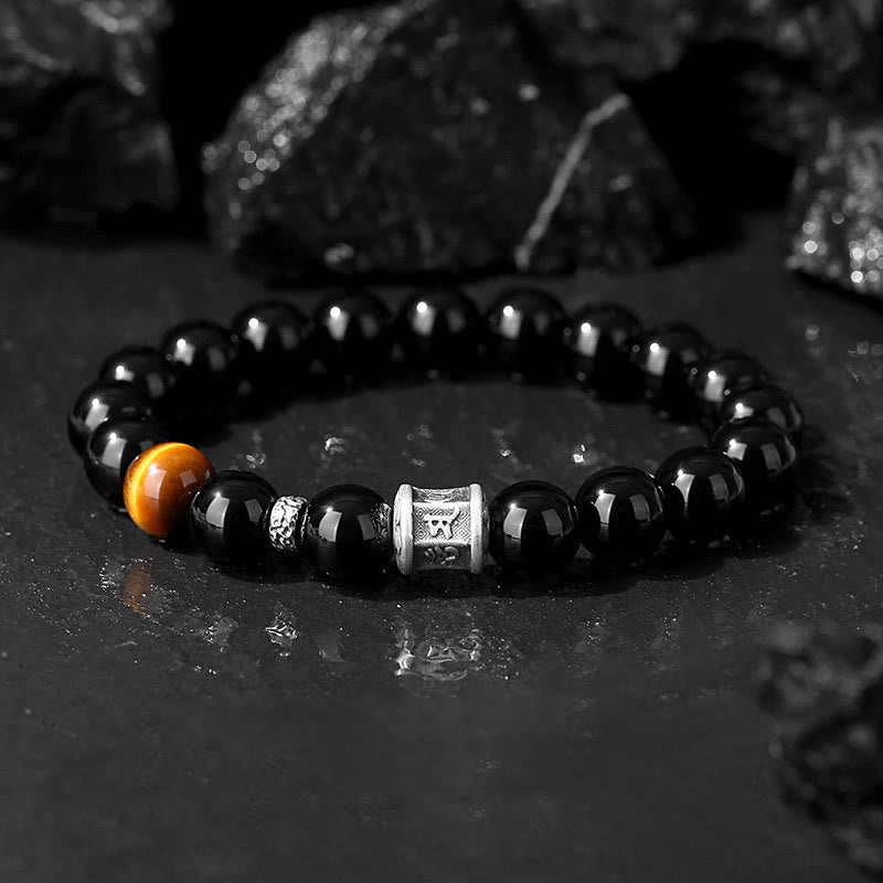 KarmaRipple's 999 Sterling Silver Black Obsidian Tiger Eye Om Mani Padme Hum Fulfillment Bracelet p15
