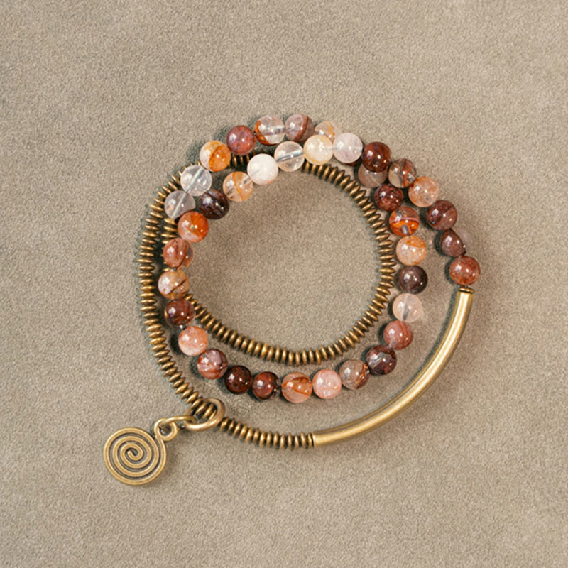 KarmaRipple's Purple Phantom Red Hematoid Quartz Green Rutilated Quartz Bronze Love Forgive Bracelet p17