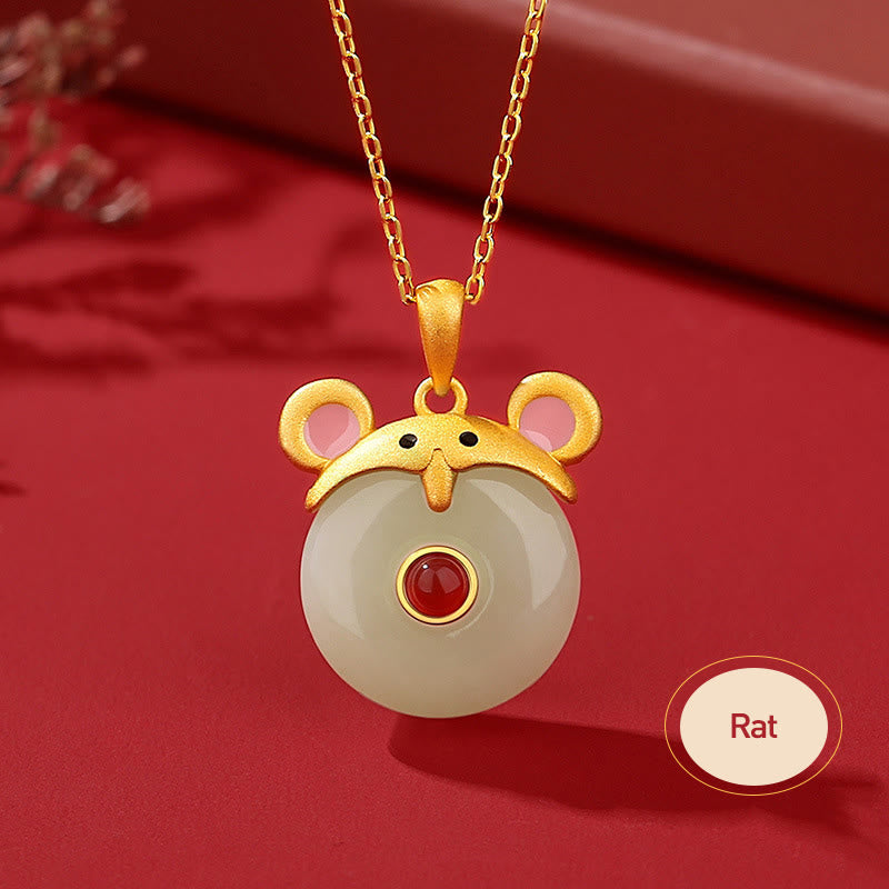 KarmaRipple's 925 Sterling Silver Hetian Jade Chinese Zodiac Year of the Dragon Red Agate Fortune Protection Pendant Necklace ( p32