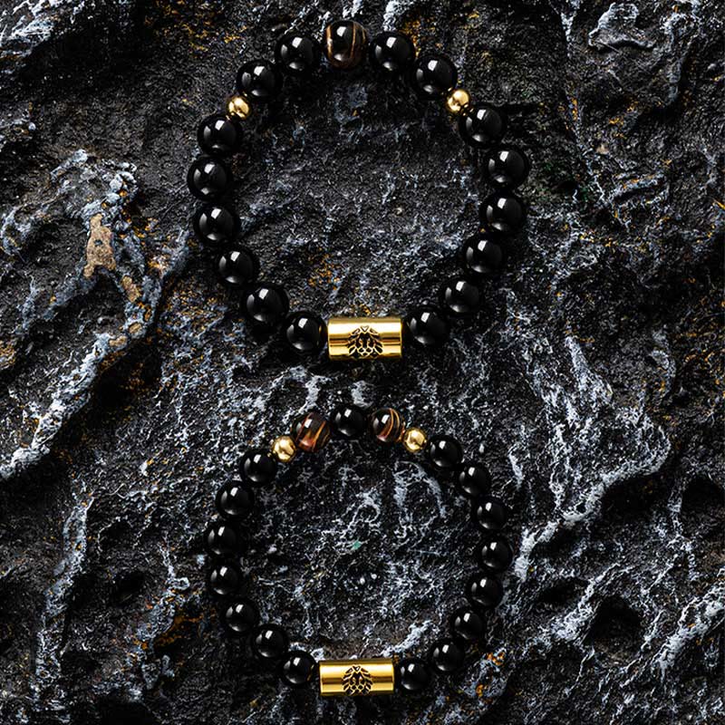 KarmaRipple's Black Onyx Tiger Eye Bead Lion Engraved Protection Bracelet p11