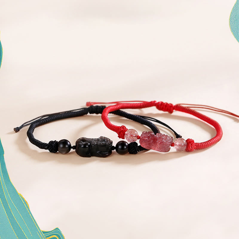 KarmaRipple's Handmade Authentic Silver Sheen Obsidian Strawberry Quartz PiXiu Protection Woven Bracelet p5